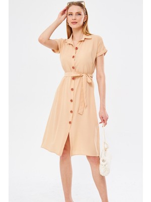 Armonika Kadın Krem Beli Kemerli Kısa Kol Gömlek Elbise ARM-19Y001068