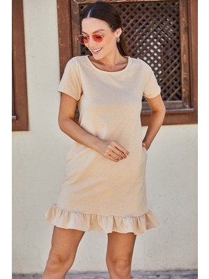 Armonika Kadın Bej Kısa Kollu Altı Fırfırlı Elbise ARM-20Y001032