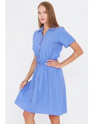 Armonika Kadın Mavi Beli Lastikli Kısa Kol Gömlek Elbise ARM-23Y001035