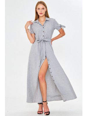 Armonika Kadın Gri Kolu Bağlamalı Beli Kuşaklı Gömlek Elbise ARM-23Y001004