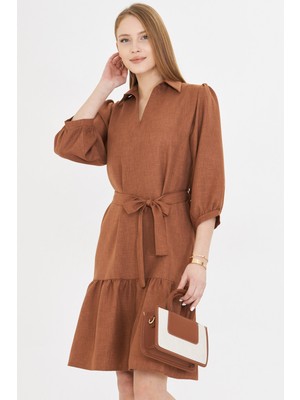 Armonika Kadın Taba Gömlek Yaka Çeyrek Kol Beli Kuşaklı Eteği Büzgülü Elbise ARM-25Y001010