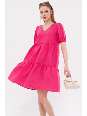 Armonika Kadın Fuşya Keten Görünümlü V Yaka Kısa Kol Fırfrılı Elbise ARM-24Y001071