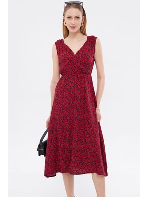 Armonika Kadın Fuşya Desenli Beli ve Omzu Lastikli Kruvaze Yaka Midi Boy Elbise ARM-24Y001052