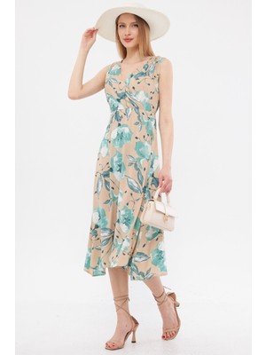 Armonika Kadın Bej Desenli Beli ve Omzu Lastikli Kruvaze Yaka Midi Boy Elbise ARM-24Y001052