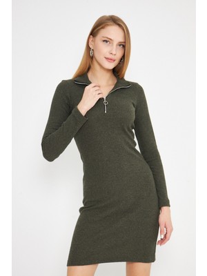Armonika Kadın Haki Yakası Fermuarlı Kaşkorse Diz Üstü Elbise ARM-24Y001001
