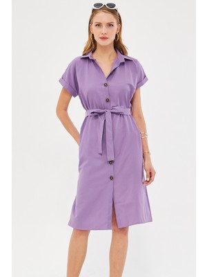 Armonika Kadın Lila Beli Kemerli Kısa Kol Gömlek Elbise ARM-19Y001068