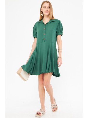 Armonika Kadın Koyu Yeşil Gömlek Yaka Kolu Yırtmaç Detaylı Kloş Karpuz Kol Elbise ARM-24Y001083