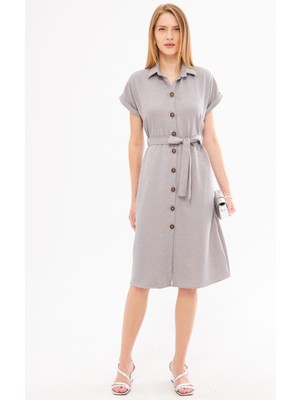 Armonika Kadın Gri Keten Görünümlü Beli Kemerli Kısa Kol Gömlek Elbise ARM-24Y001084