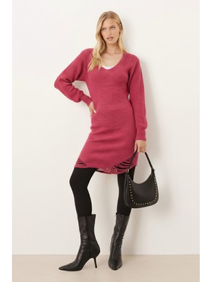 Armonika Kadın Fuşya V Yaka Etek Ucu Yırtıklı Triko Elbise ARM-26K136008