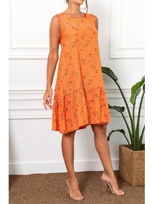 Armonika Kadın Oranj Papatya Desen Kolsuz Eteği Fırfırlı Elbise ARM-22Y001123