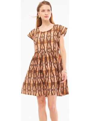 Armonika Kadın Kahve Etnik Desenli Beli Büzgülü Mini Elbise ARM-24Y001082