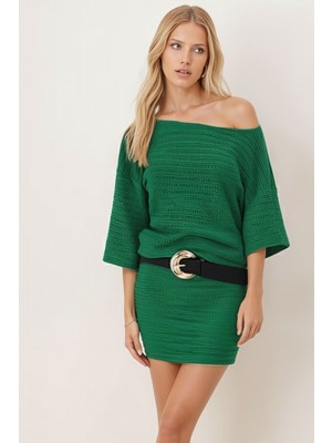 Armonika Kadın Yeşil Kayık Yaka Yarasa Kol Yumuşak Dokulu Elbise ARM-26K001039