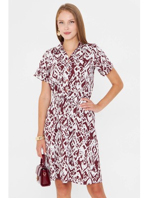 Armonika Kadın Kahve Beli Lastikli Desenli Kısa Kol Gömlek Elbise ARM-23Y001079