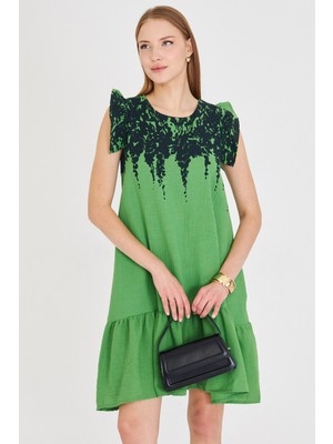 Armonika Kadın Yeşil Kolu ve Eteği Fırfırlı Elbise ARM-25Y001041