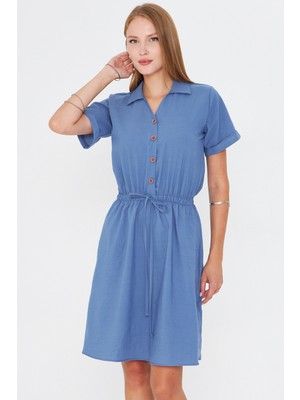 Armonika Kadın Indigo Beli Lastikli Kısa Kol Gömlek Elbise ARM-23Y001035