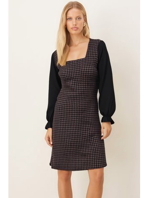 Armonika Kadın Vizon-Siyah Ekoseli Kare Yaka Uzun Kol Elbise ARM-22Y001182