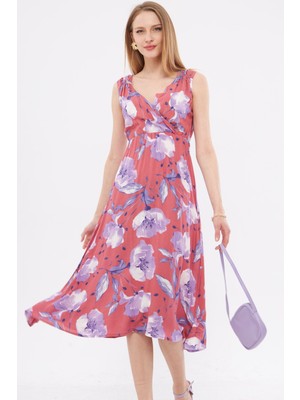 Armonika Kadın Pembe Desenli Beli ve Omzu Lastikli Kruvaze Yaka Midi Boy Elbise ARM-24Y001052