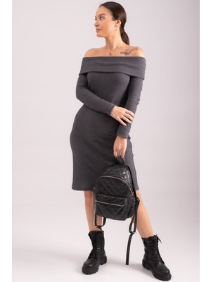 Armonika Kadın Antrasit Madonna Yaka Vücuda Oturan Fitilli Kaşkorse Elbise ARM-24K001070