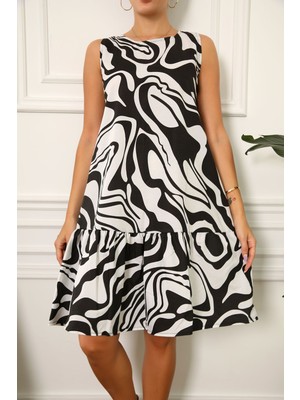 Armonika Kadın Siyah Desenli Eteği Fırfırlı Kolsuz Elbise ARM-23Y001052