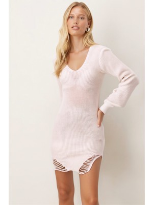 Armonika Kadın Ekru V Yaka Etek Ucu Yırtıklı Triko Elbise ARM-26K136008