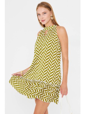 Armonika Kadın Haki Boyundan Bağlamalı Etek Ucu Fırfırlı Mini Elbise ARM-25Y001097