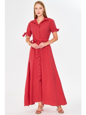 Armonika Kadın Kırmızı Kolu Bağlamalı Beli Kuşaklı Gömlek Elbise ARM-23Y001004
