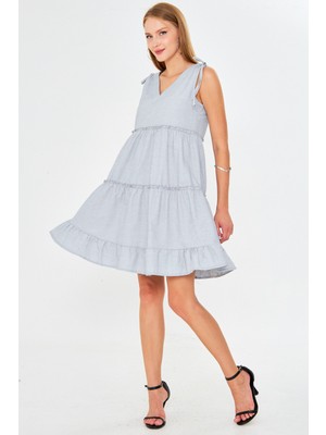 Armonika Kadın Lacivert V Yaka Fırfırlı Kolsuz Omzu Bağlamalı Elbise ARM-25Y001061