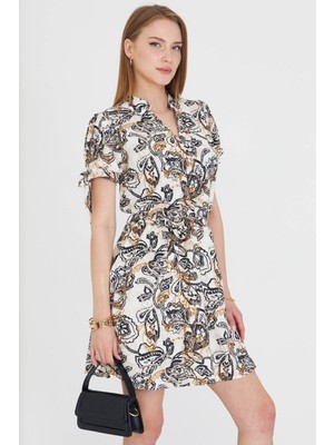 Armonika Kadın Kahve Hakim Yaka Kolu Bağlamalı Beli Lastikli Kemerli Kısa Elbise ARM-25Y001033