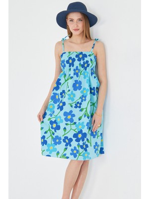 Armonika Kadın Bebe Mavi Askıları Bağcıklı Göğsü Gipe Lastikli Mini Elbise ARM-25Y001047