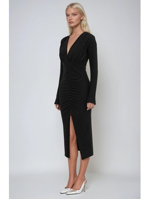 Lijuri Büzgü Detaylı ve Simli V Yaka Midi Elbise 2947 R6-D-K3