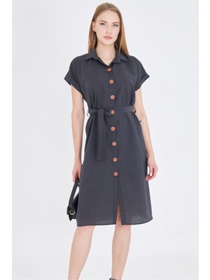 Armonika Kadın Antrasit Beli Kemerli Kısa Kol Gömlek Elbise ARM-25Y001065