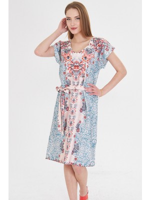 Armonika Kadın Turkuaz Ön Arka V Yaka Kuşaklı Desenli Elbise ARM-25Y001018