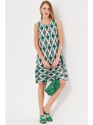 Armonika Kadın Yeşil Desenli Kolsuz Eteği Fırfırlı Elbise ARM-22K001142