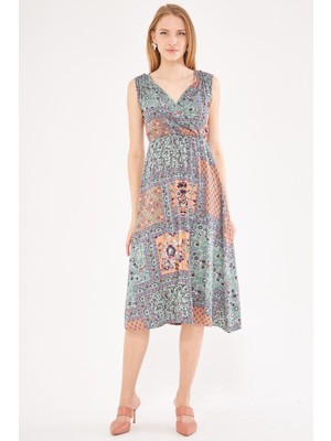 Armonika Kadın Somon Desenli Beli ve Omzu Lastikli Kruvaze Yaka Midi Boy Elbise ARM-24Y001052
