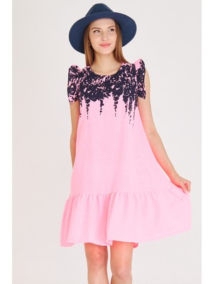 Armonika Kadın Neon Pembe Kolu ve Eteği Fırfırlı Elbise ARM-25Y001041