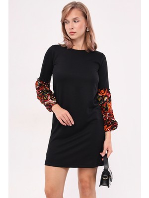 Armonika Kadın Siyah Kolu Renkli Balonlu Elbise ARM-19K001215