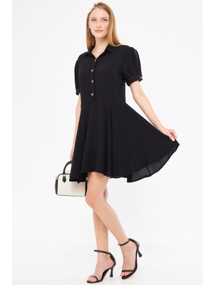 Armonika Kadın Siyah Gömlek Yaka Kolu Yırtmaç Detaylı Kloş Karpuz Kol Elbise ARM-24Y001083