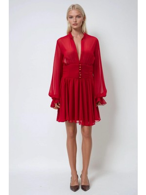 Lijuri Gold Düğme ve Bel Detaylı Tül Elbise 2932 R3-J-K2