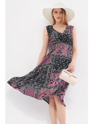 Armonika Kadın Gül Kurusu Desenli Beli ve Omzu Lastikli Kruvaze Yaka Midi Boy Elbise ARM-24Y001052