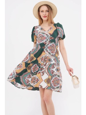Armonika Kadın Çağla Yeşili V Yaka Kısa Kol Desenli Fırfırlı Elbise ARM-24Y001014