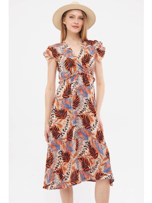 Armonika Kadın Turuncu Kruvaze Yaka Omuzu Fırfır Detaylı Beli Lastikli Midi Boy Elbise ARM-24Y001020