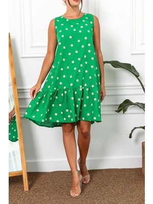 Armonika Kadın Yeşil Papatya Desen Kolsuz Eteği Fırfırlı Elbise ARM-22Y001123