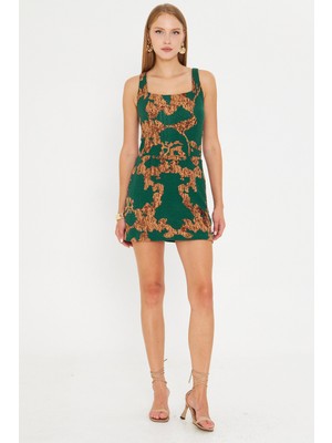 Armonika Kadın Yeşil-Bej Kare Yaka Vücuda Oturan Şortlu Mini Elbise ARM-25Y001095