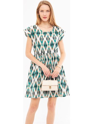 Armonika Kadın Yeşil Etnik Desenli Beli Büzgülü Mini Elbise ARM-24Y001082