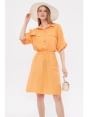 Armonika Kadın Turuncu Yarasa Kol Cepli Beli Lastikli Elbise ARM-23Y001076