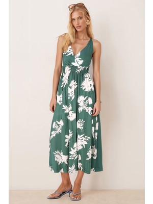 Armonika Kadın Yeşil Kruvaze Yaka Beli Lastikli Sırtı Açık Uzun Elbise ARM-25Y001106