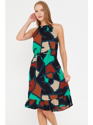 Armonika Kadın Turkuaz Boyundan Bağlamalı Beli Kuşaklı Eteği Fırfırlı Elbise ARM-23Y001112