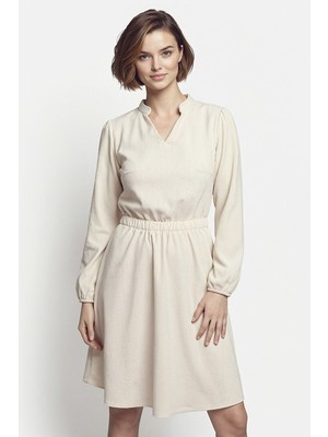 Armonika Kadın Krem Kadife V Yaka Beli Lastikli Ince Fitilli Kloş Elbise ARM-25K001049