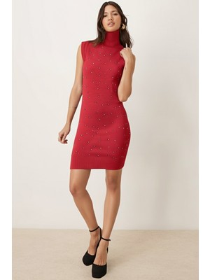 Armonika Kadın Kırmızı Önü Boncuklu Kolsuz Triko Elbise ARM-26K136034