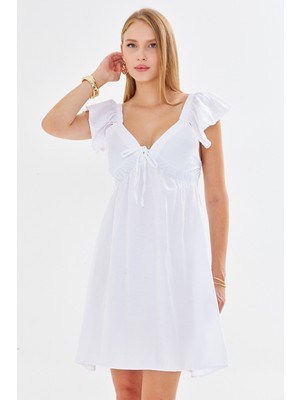 Armonika Kadın Beyaz V Yaka Kolları ve Eteği Fırfırlı Göğsü Bağlamalı Elbise ARM-25Y001083